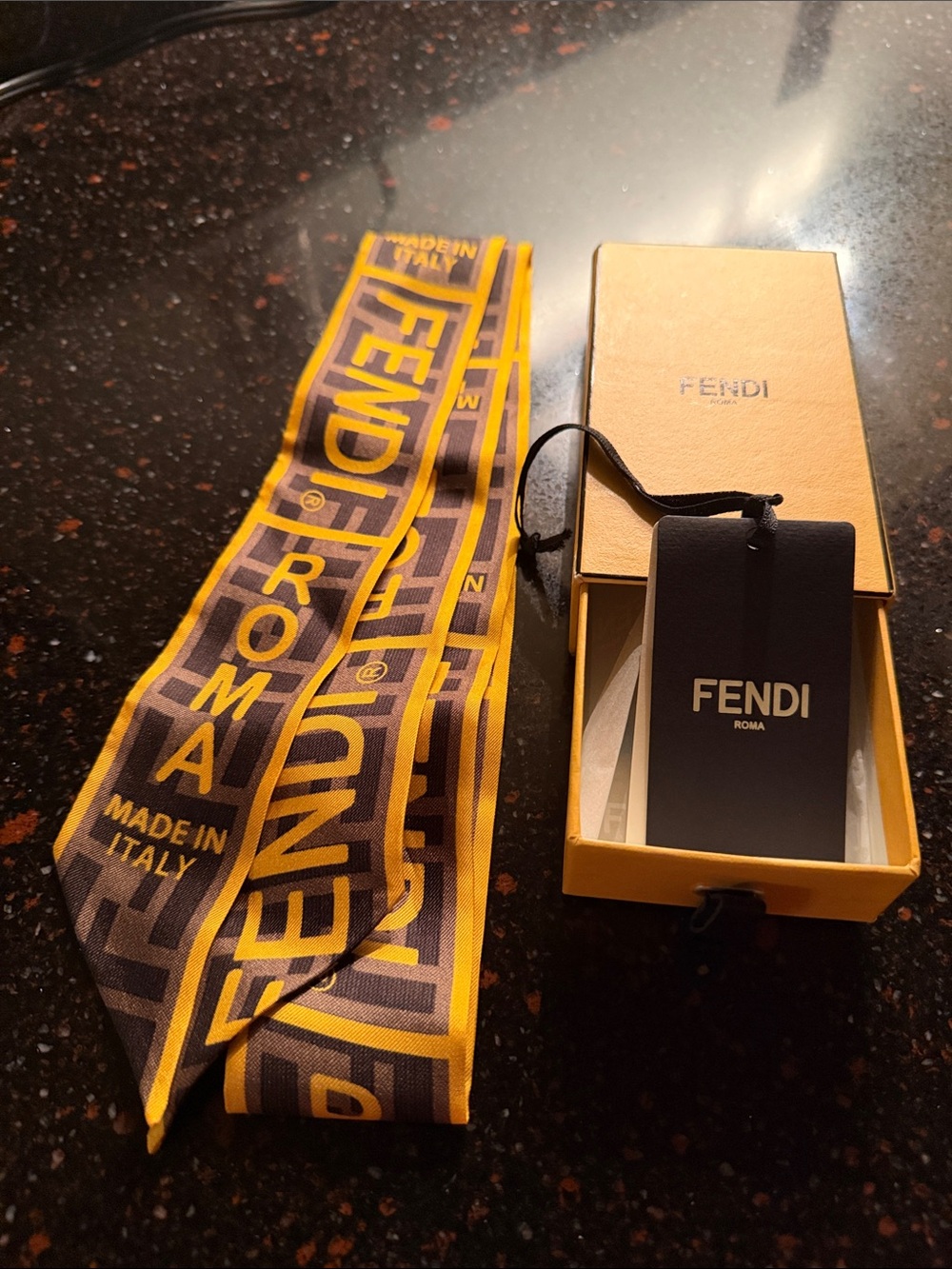 Fendi Brown and Yellow Logo Silk Twilly Belt Scarf New with tags and Box
